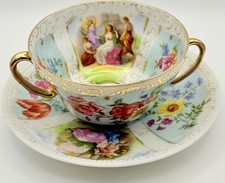 Antique Austria Dresden Style Watteau Florals Panels Gold Cup & Saucer c.1875 picture