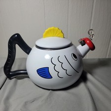 Vintage Retro Kamestein Fish Tea Kettle White Enamel On Steel Retro Kitchen picture
