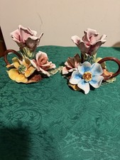 Vtg. PAIR RARE Porcelain Candle Holders in Bed of Tulips Royal Capodimonte~Italy picture