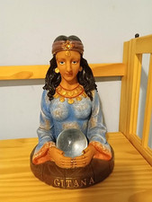 Gitana Bust of Gypsy Fortune Teller Crystal Ball gold coin Necklace picture