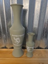 Vintage Avon Imitation Wedgwood Jasperware Sage Green Bud Vase, Large & Small picture