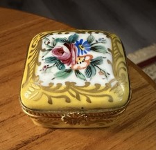 Vintage French Porcelain Trinket Box Yellow Gold Hinged Champs Elysees Paris picture