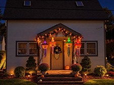 Set of 4 Lighted Halloween Pumpkin Witch Hat Hanging Lantern Decorations picture
