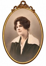 Antique Oval Portrait Frame Convex Bubble Glass Gilt Tinted Woman Photo 22x13.25 picture
