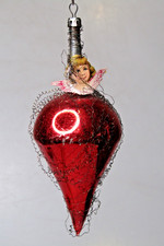 Antique VTG Glass Crinkle Wire ANGEL HEAD Red DROP Christmas Ornament Germany picture