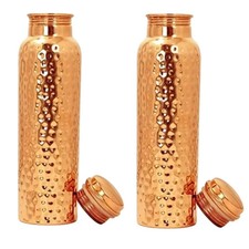 Pure Copper Water Bottle For Ayurveda Health Benefits 1000ml Set of 2 Hammered picture