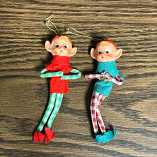 Vintage Japan Elf Pixie Felt Christmas Ornaments Set of 2 Red/Green 5” Hanging picture