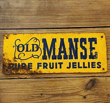 Vintage Old Manse Pure Fruit Jellies Emboss Metal Sign Yellow/Blue w Petina-RARE picture