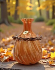 Vtg. Murano- Style- Amber/Orange Cased Swirl Hand-Blown Glass Vase w/ Collar. picture