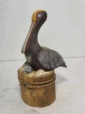 Vintage Hand Carved Wooden Pelican Sculpture Coastal Folk Art Signed Dated picture
