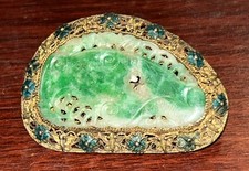 Antique Chinese Jadeite Jade Brooch Filigree Jewelry Authentic Gold Fill Enamel picture