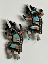 Vintage Zuni Inlay Pins Rainbow men Made a Pair Turquoise Coral Sterling Silver  picture