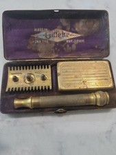Vintage Early Gillette shaving kit Boxed With gold Metal Etched Razor Box  picture