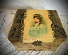 Antique Celluloid Vanity Jewelry Box Decoupage Victorian Lady Portrait Velvet picture