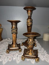 VTG Ornate Resin Pillar Candle Holder Triop Set Antique Gold Brass Style Decor picture