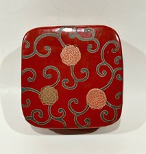 Vintage Japanese Lacquer Chrysanthemum Box Red Jewelry Trinket Storage Box 3.25” picture