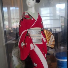 Japanese Hakata  Ningyo with Glass Case Red & White Floral Kimono picture