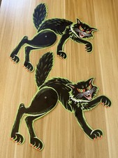 2 Vintage Articulated GITD Black Cat Halloween Decoration Beistle H.E. Luhrs picture