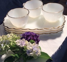 3 vintage Fireking milk glass sandwich trays and cups 22K Gold Trim. picture