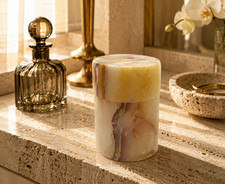 Vintage Banded Onyx Cylinder Lidded Trinket Box Vanity Jewelry Jar Stone Decor picture