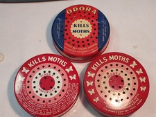 3~Vintage 1950s Advertising 2 MABEX & 1 ODORA Moth Vaporizer Tin Mothball Holder picture