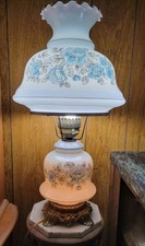Vintage 1971 L&L WMC Blue Floral Hurricane Lamp GWTW 3-Way Parlor Light picture