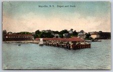 Mayville New York~Penn Railroad Depot~Pier & Dock~Sailboat Lands~1910 Handcolor picture