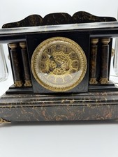 Antique Waterbury Flora Mantel Clock Black Mantle Shelf Clock Ornate Dial 18” picture