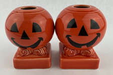 Retired Fiesta Happy Pumpkin Jack O Lantern Bulb Candle Holders Pair Persimmon picture