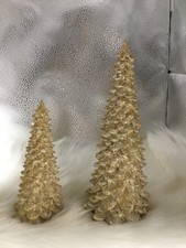 NIB 2 Piece Resin Christmas Tree Figurines Distressed White Gold Tabletop Decor picture