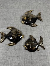 Set Of 3 Vtg Lefton Black and Gold Fish Ceramic Wall Hangings picture