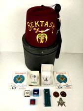 Vtg 13-Pc Freemason Shriner Tasseled Fez Hat Jewelry & Decal Lot Masonic Bektash picture
