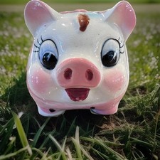 Vintage 1950s Ceramic Anthropomorphic Pink Piggy Bank Bow Eyelashes Japan picture