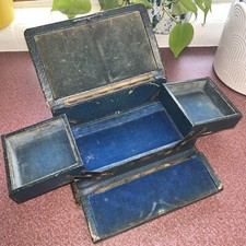 Antique Victorian leather green Blue Velvet Lined Jewelry Box picture