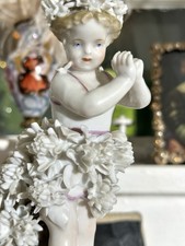 Antique Porcelain Spring Cherub Putto Child with Applied Florals Sitzendorf picture