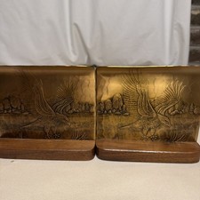 TWO Vintage WENDELL AUGUST Forge Bronze and Wood Bookends SOARING EAGLE picture