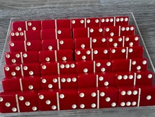 Vintage Crisloid Red Bakelite Domino Set-Complete 28 pc Double Six Original Case picture