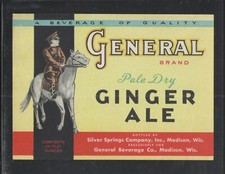 GENERAL PALE DRY GINGER ALE { GENERAL on HORSE } MADISON WIS UNUSED LABEL picture