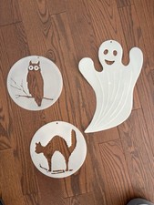 Vintage Plastic Halloween Wall Hangings Glow Dark Cat Ghost Owl Hard Plastic picture