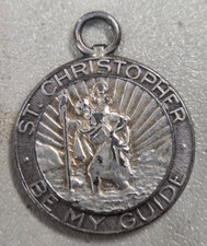RARE 30s 40s Vintage Saint Christopher Pendant BE MY GUIDE w/ Car and Plane 1