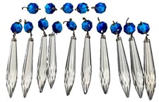 10 VTG Crystal Chandelier 1 inch Sapphire Drops w/ Clear 3 inch Prisms OG Wire   picture