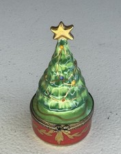 Limoges Peint Main Eximious Christmas Tree Hinged Porcelain Trinket Box France picture