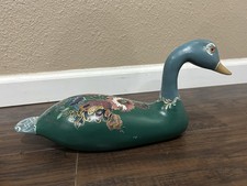 VTG Hand Painted Wooden Goose Or Duck Artist Signed Folk Art Teal Green Floral picture