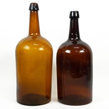 Antique 1800's Amber & Brown 2 Part Mold Applied Lip Demijohn Bottle Pair picture