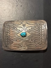 Vintage Native American Sterling Silver w/ Turquoise Belt Buckle Signed: WD picture