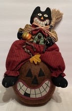 Vintage 1990s Primitive Halloween Black Cat On Pumpkin Decor Folk Art Stuffed picture
