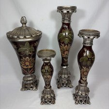 Decorative Urn with Matching Candle Pillars Hand Painted Set of 4 picture