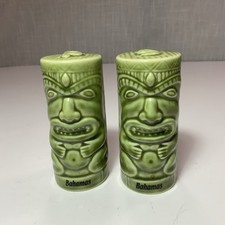 VTG Chiki Tiki Bahama’s CERAMIC TIKI SALT & PEPPER SHAKERS Green 4” tall picture