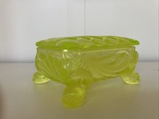Boyd Vaseline Glass Shell Trinket Box w/ Fish Legs, Vintage Yellow Uranium Glass picture
