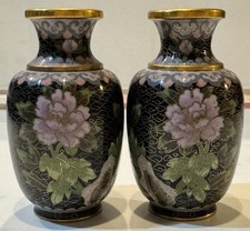 pair Chinese cloisonne enamel 4” vases black w/ pink lotus brass accent c.1970s picture